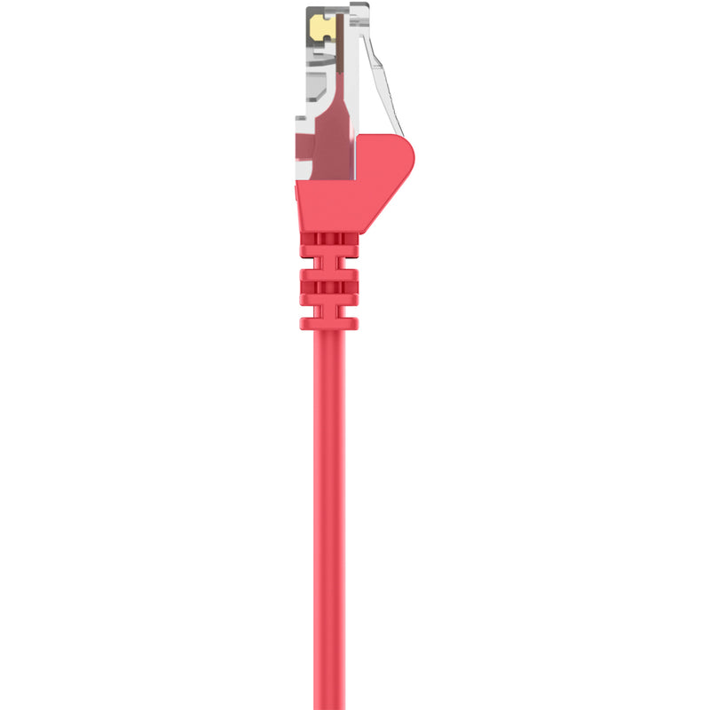 Side view of Belkin Cat.6 red patch cable highlighting the snagless boot design