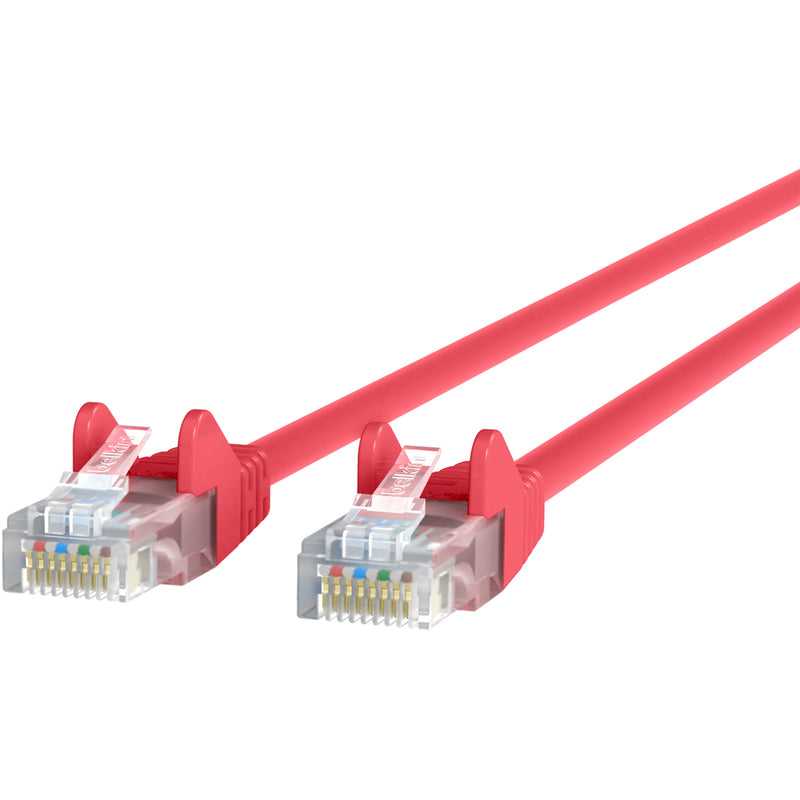 Full-length view of Belkin Cat.6 red patch cable showing both connectors and cable construction