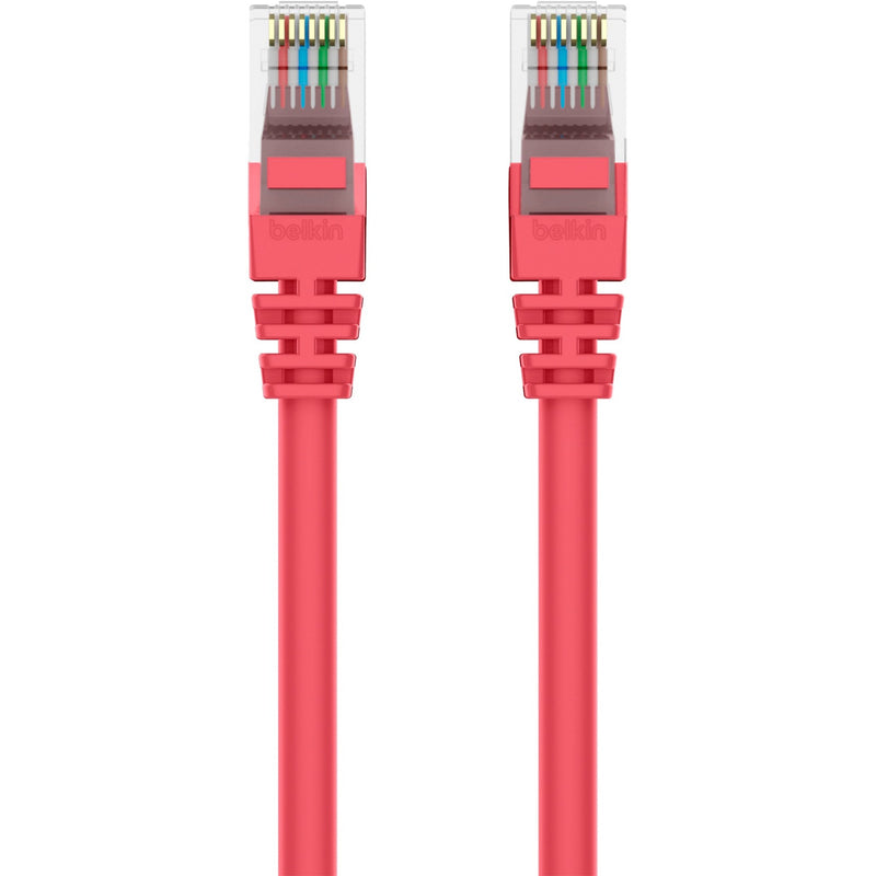 Close-up view of Belkin Cat.6 red patch cable connectors showing color-coded wiring and snagless boot design