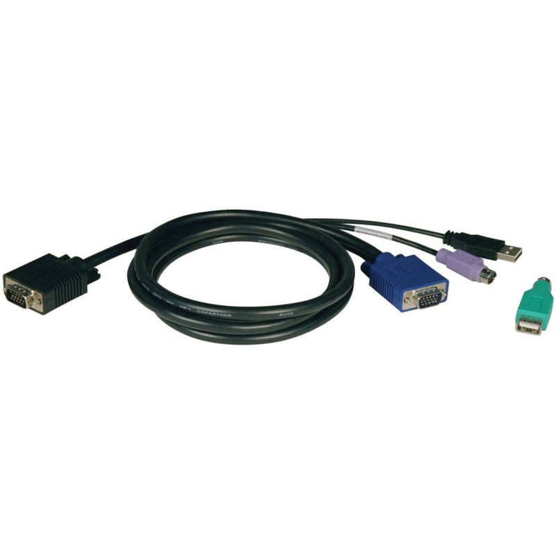 Tripp Lite P780-010 KVM cable showing HD15, USB, and PS/2 connectors with color-coded interfaces