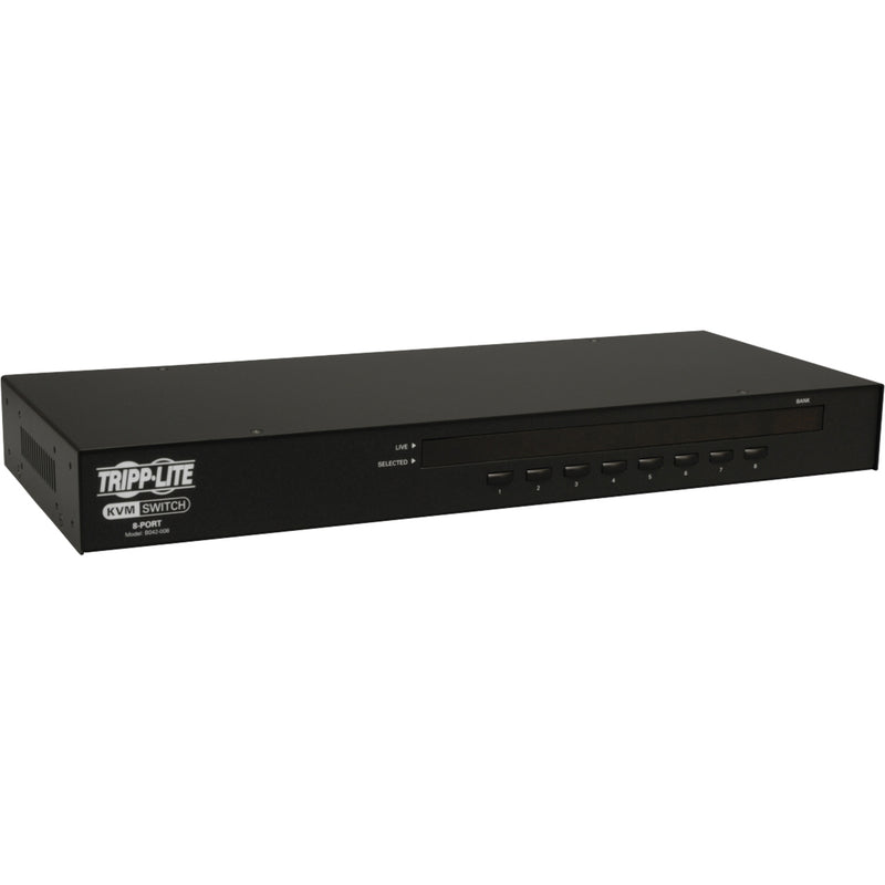 Angular view of Tripp Lite B042-008 KVM switch highlighting slim profile and port layout