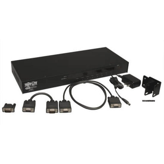 Complete package contents of Tripp Lite B042-008 KVM switch including cables and mounting hardware