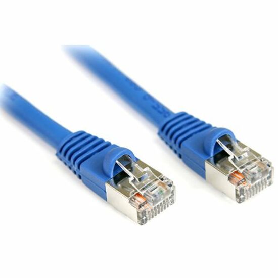 Blue Cat5e ethernet patch cable with shielded RJ45 connectors and snagless boots at both ends