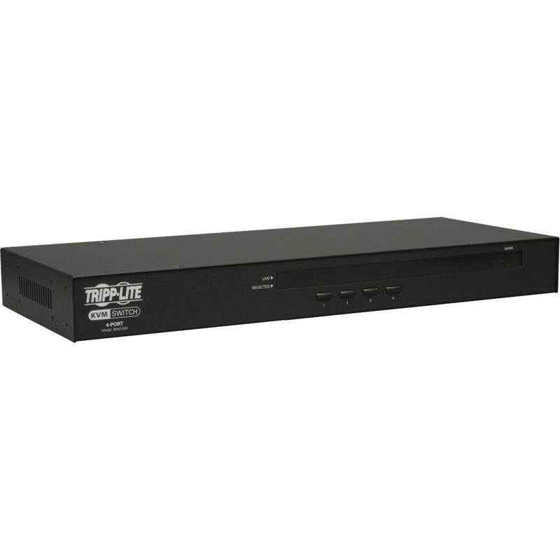 Angled view of Tripp Lite B042-004 KVM switch emphasizing its slim profile and build quality