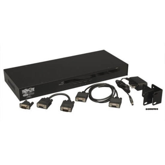 Complete package view of Tripp Lite B042-004 KVM switch with included cables and mounting accessories