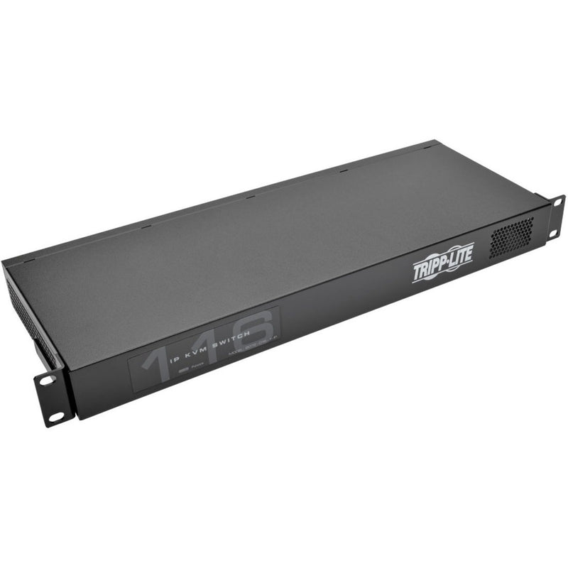 Tripp Lite NetCommander 16-port KVM switch shown in angled perspective highlighting 1U rack-mount design