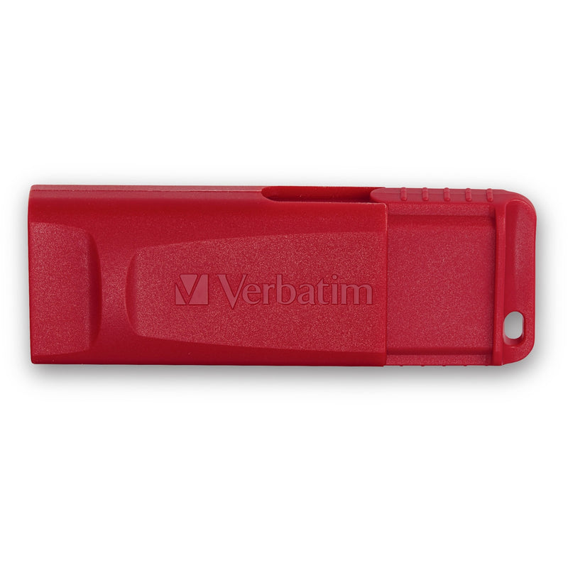 Top view of red Verbatim USB drive showing textured grip pattern