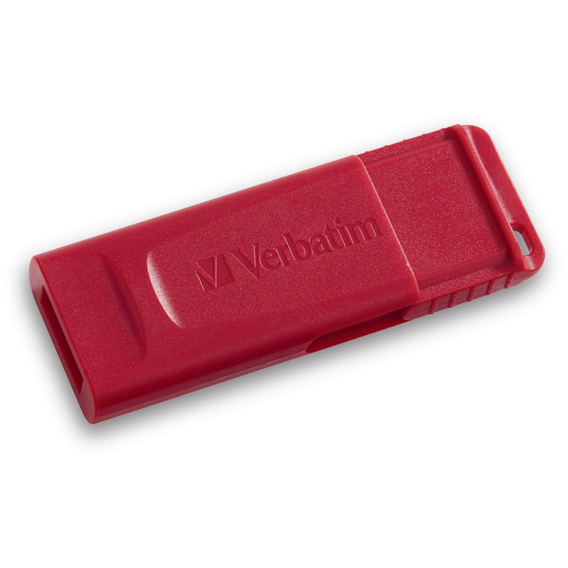 Angled view of red Verbatim USB drive showing slim profile-alternate-image3