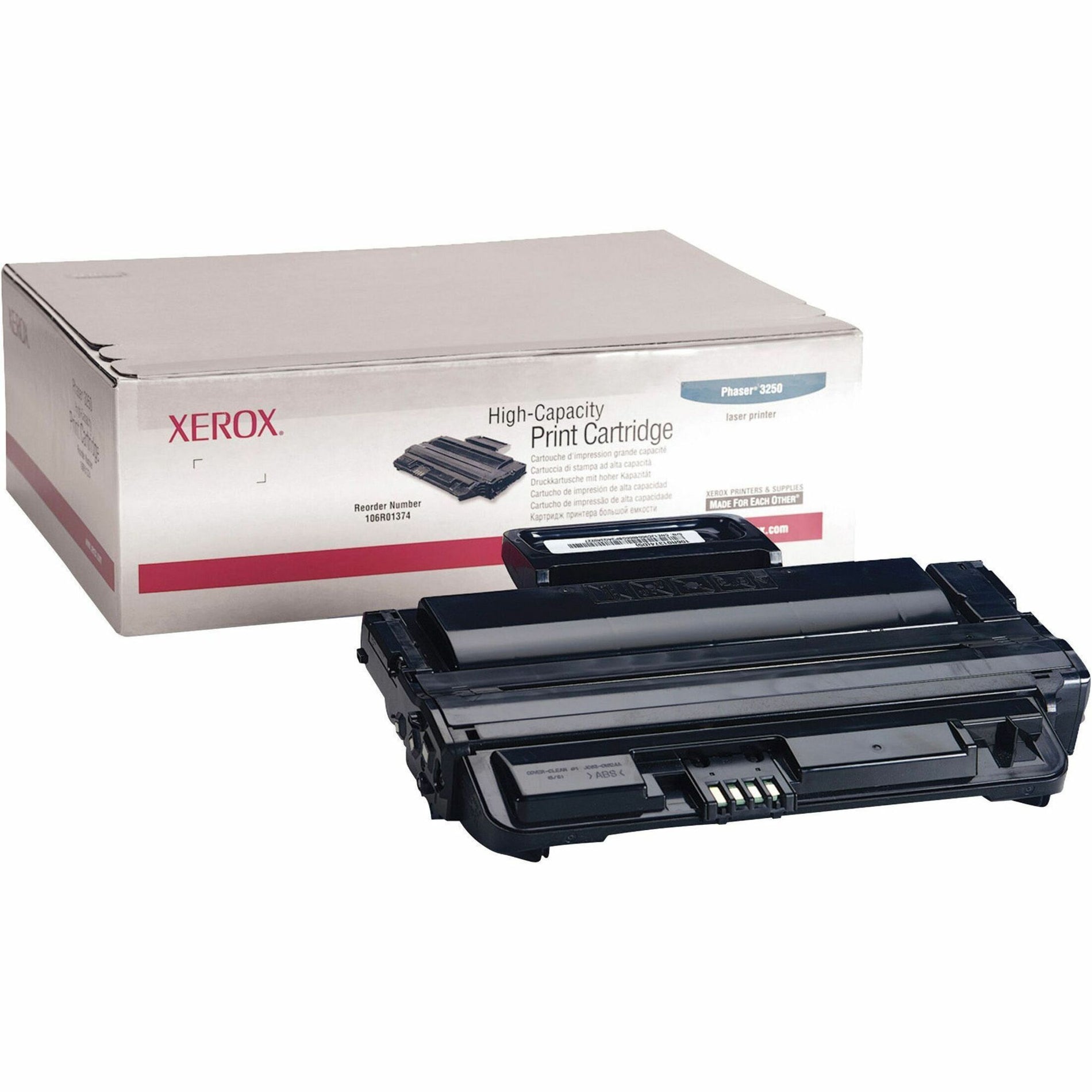 Xerox 106R01374 high-capacity black toner cartridge shown with retail packaging for Phaser 3250 printer series-alternate-image1