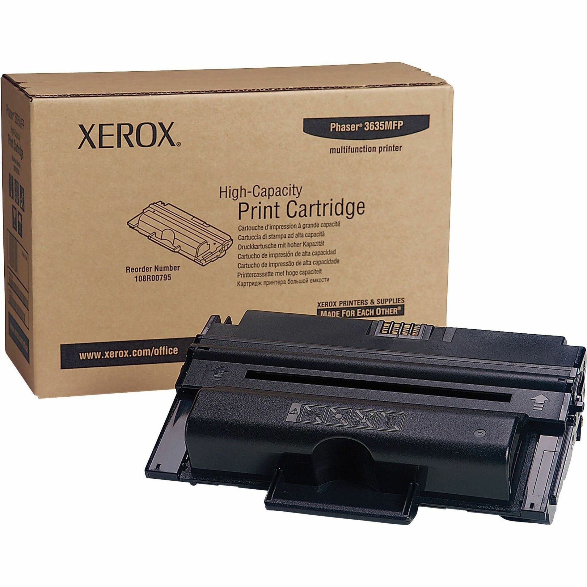 Xerox 108R00795 high-capacity black toner cartridge for Phaser 3635MFP with retail packaging showing product specifications and compatibility-alternate-image1