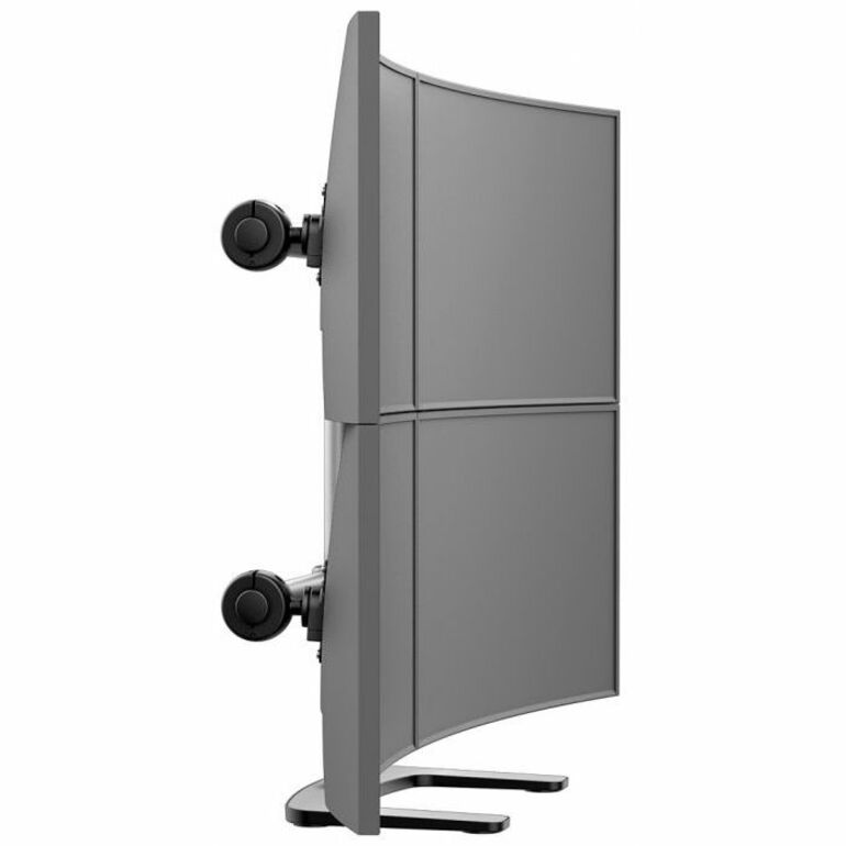 Side view of Atdec VFS-Q monitor stand showing dual-level mounting system with ball joint mechanisms