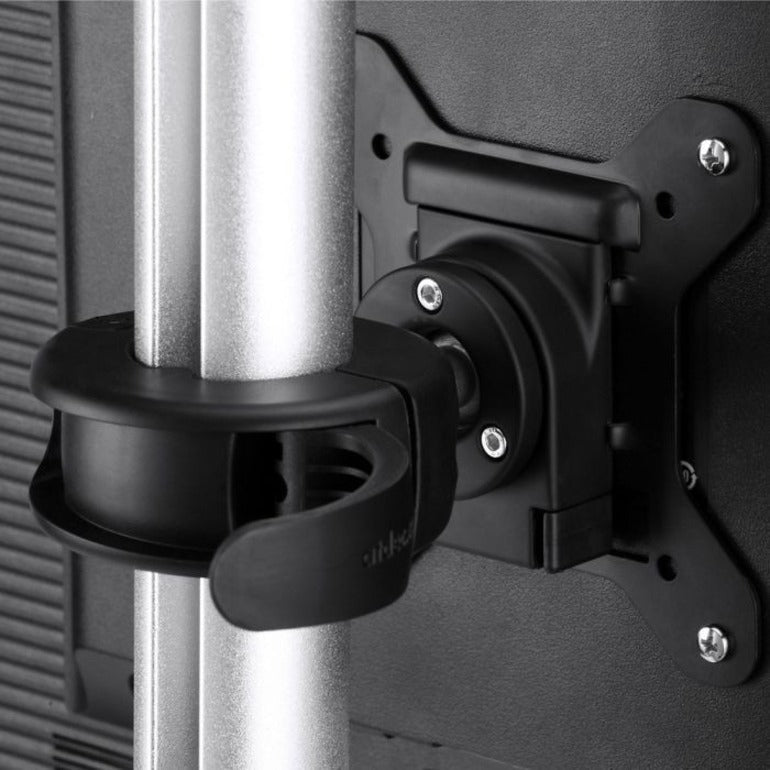 Detailed view of monitor mount bracket showing quick-release mechanism and adjustment features