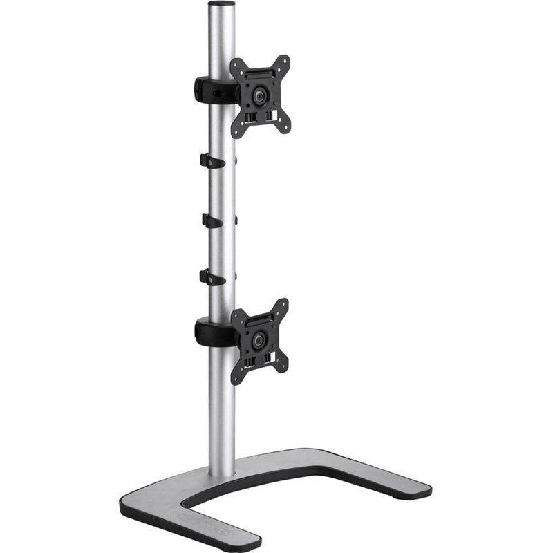 Front view of Atdec dual monitor mount showing VESA brackets and stable base design