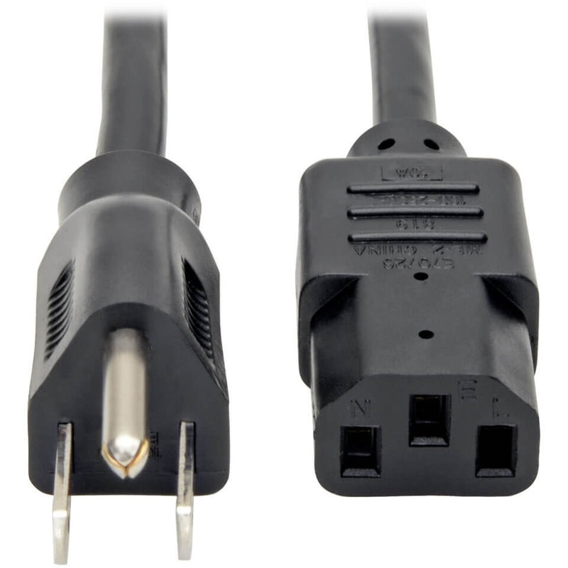 Close-up view of NEMA 5-15P and IEC-320-C13 connectors on black power cord showing connector design details