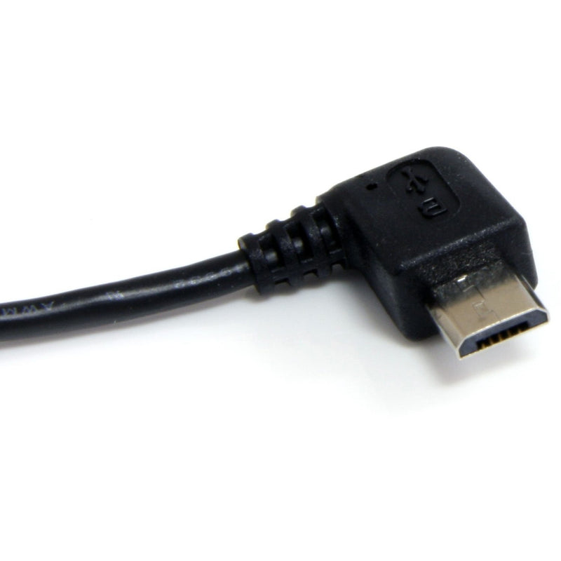 Close-up view of the right-angle Micro-B connector on StarTech.com USB cable