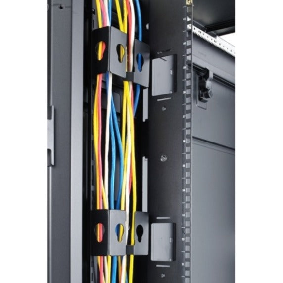 Installed APC brackets managing colored cables in rack