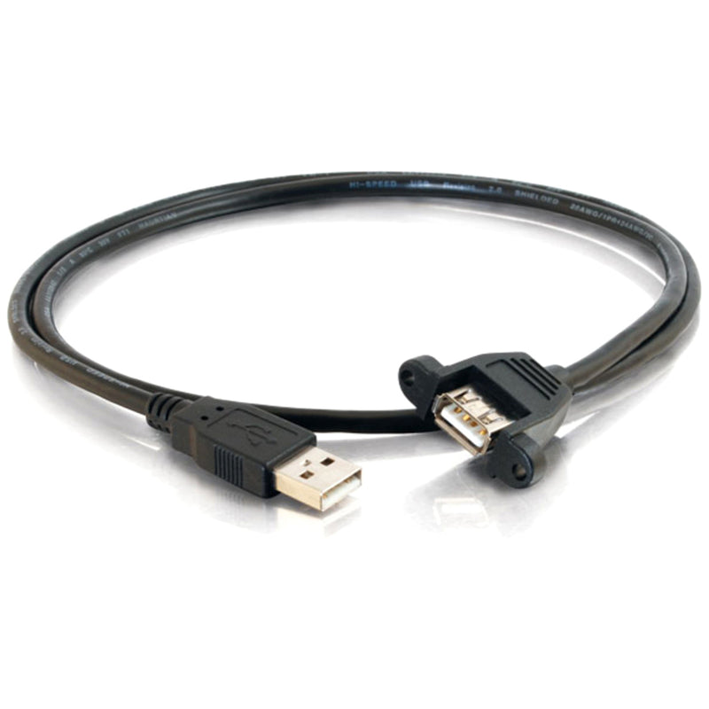 Full length view of 3-foot black USB 2.0 panel mount cable with male and female connectors