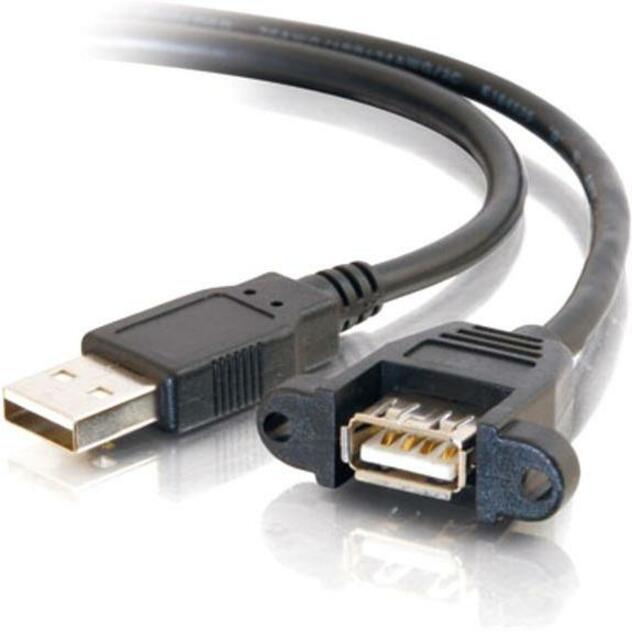 C2G USB 2.0 panel mount cable showing male USB connector and female panel mount end with mounting holes