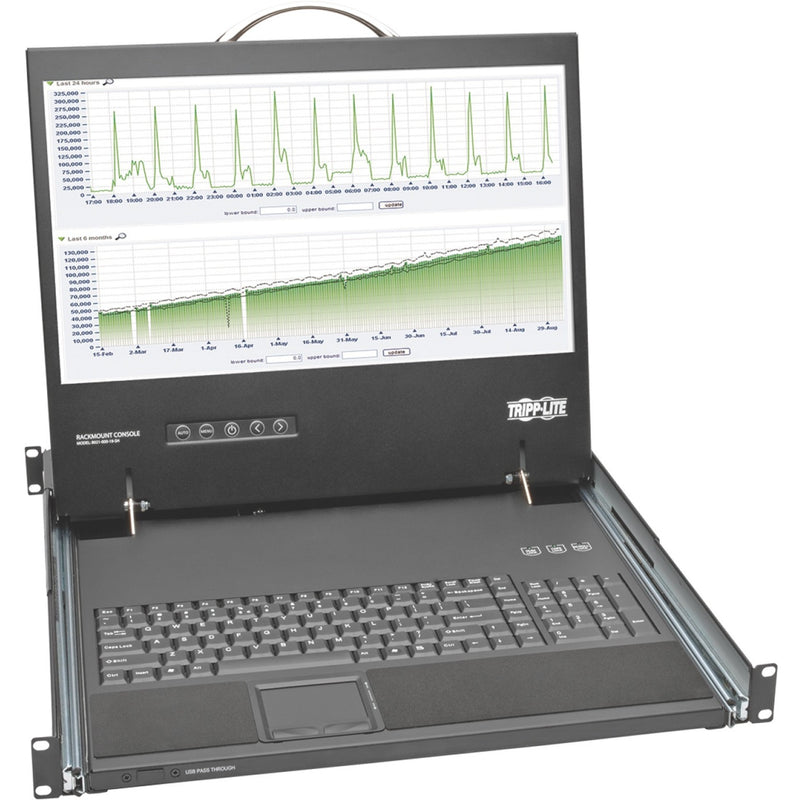 Tripp Lite rackmount console showing system monitoring graphs on 19-inch LCD display with keyboard and touchpad