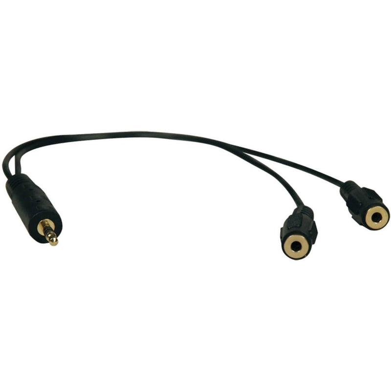 Black stereo splitter cable with one 3.5mm male connector and two 3.5mm female connectors, gold-plated contacts visible