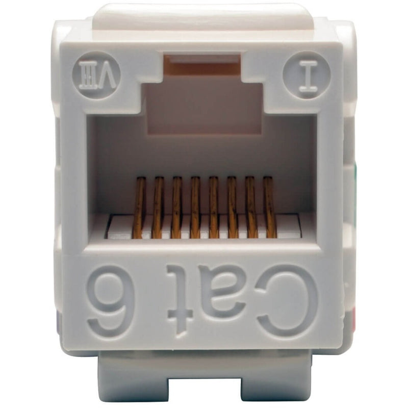 Close-up view of Cat6 keystone jack internal contact array with gold-plated pins