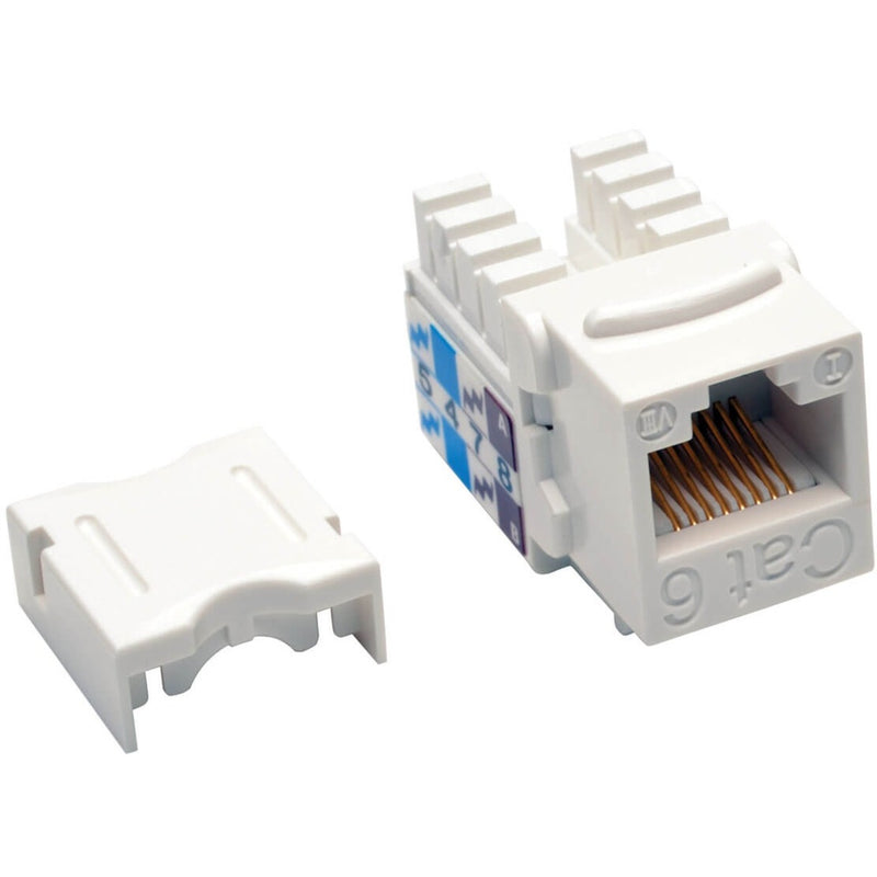 White Cat6 keystone jack with removable termination cap showing RJ-45 connector interface