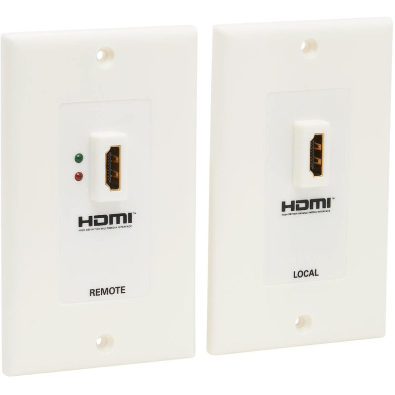 Tripp Lite HDMI wallplate extender kit showing Remote and Local units with HDMI ports and LED indicators