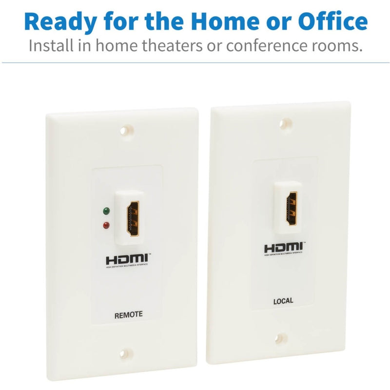 HDMI wallplate extender kit with text overlay highlighting home and office applications