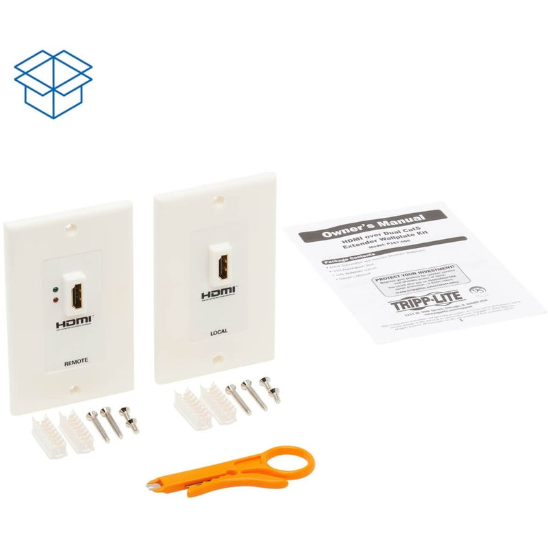 Complete contents of HDMI wallplate extender kit including accessories