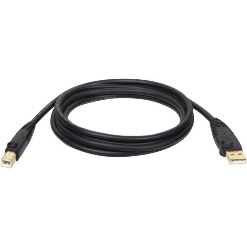 Tripp Lite U022-010 USB 2.0 cable with gold-plated Type A and Type B connectors, featuring black insulation and 10-foot length