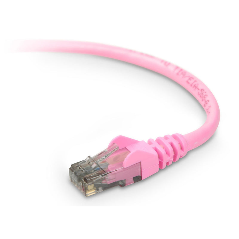 Pink Cat6 ethernet cable with transparent RJ-45 connector and snagless boot design