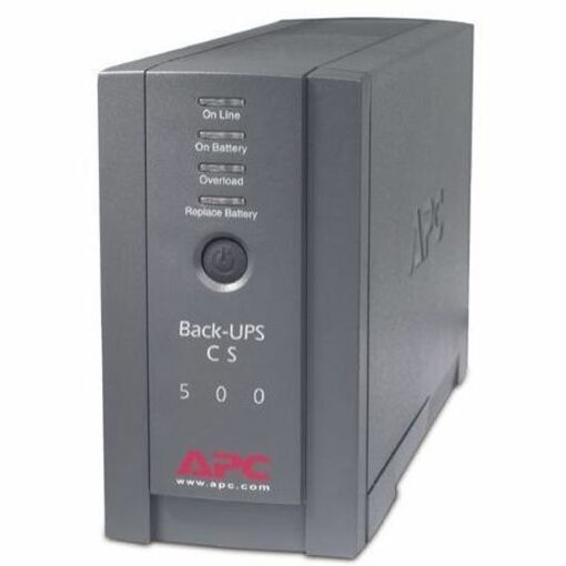 Front view of APC Back-UPS CS 500VA showing LED status panel and power button