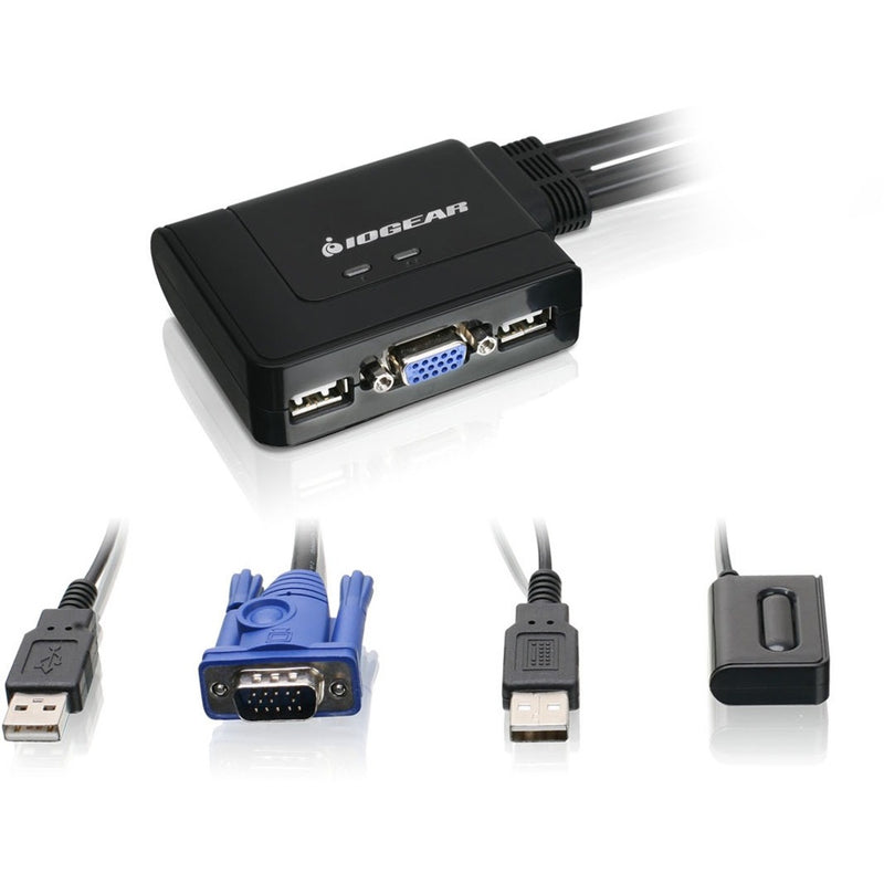 IOGEAR GCS22U 2-port KVM switch with USB ports and VGA connection, showing included connection cables and remote switch controller