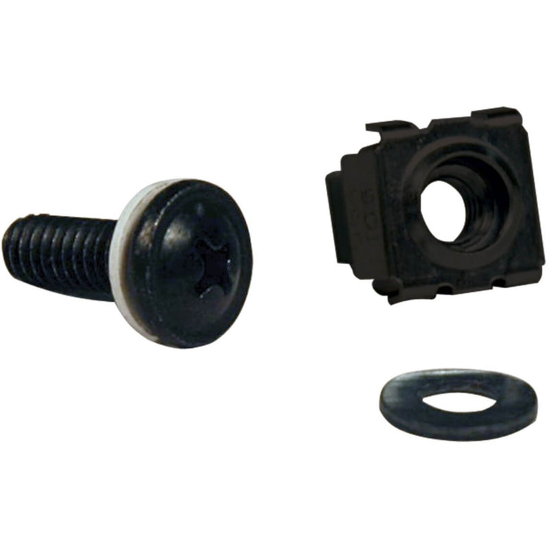 Close-up view of Tripp Lite rack mounting hardware showing M6 screw, cage nut, and washer components