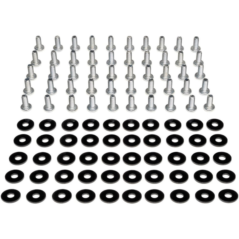 Tripp Lite SmartRack hardware kit displaying 50 silver cylindrical head screws and 100 black PVC flat washers arranged in organized rows