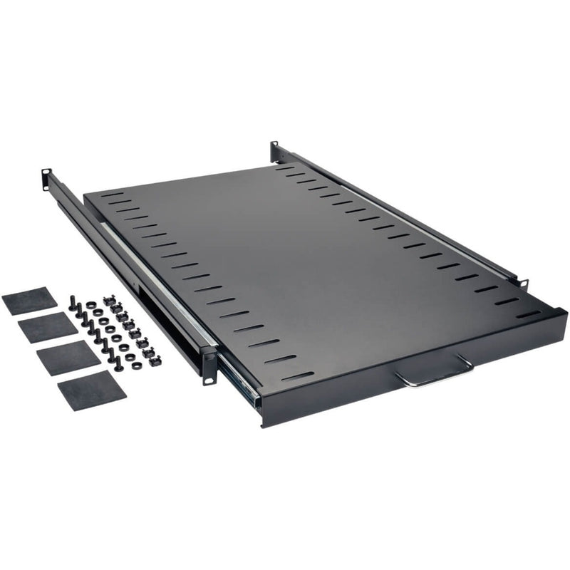 Rack shelf with complete mounting hardware kit and installation components