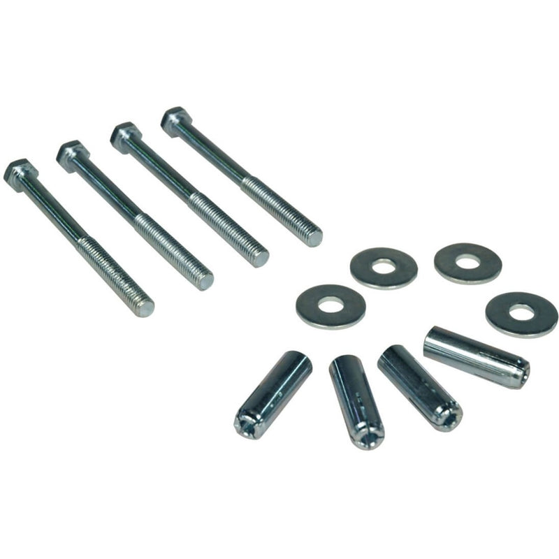 Tripp Lite SRBOLTDOWN hardware kit components including four mounting bolts, four fender washers, and four concrete inserts laid out on white background