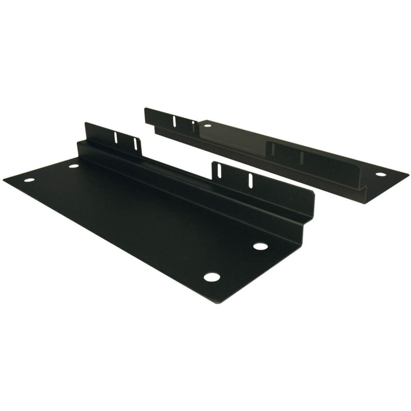 Black steel anti-tip stabilizing plates for SmartRack enclosure cabinets showing mounting holes and angular support design