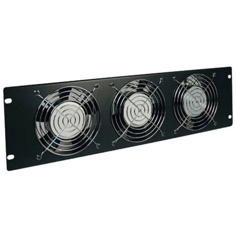 Tripp Lite SRFAN3U 3U rack mount cooling panel featuring three 4-inch fans with protective grilles on black metal frame