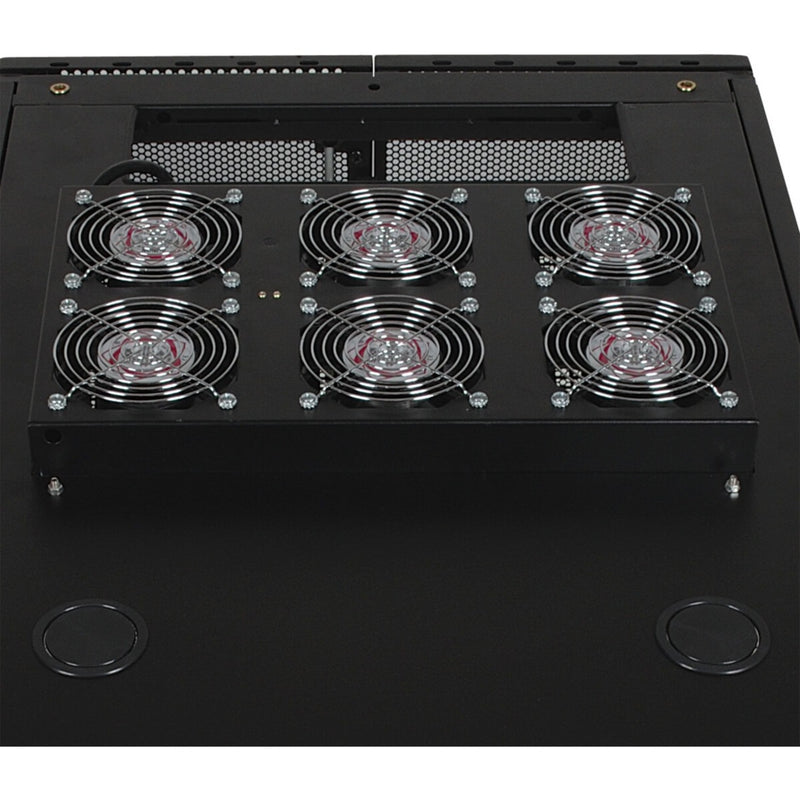 Top-down view of Tripp Lite SRXFANROOF showing six industrial cooling fans arranged in a 2x3 grid pattern with protective grilles and mounting hardware