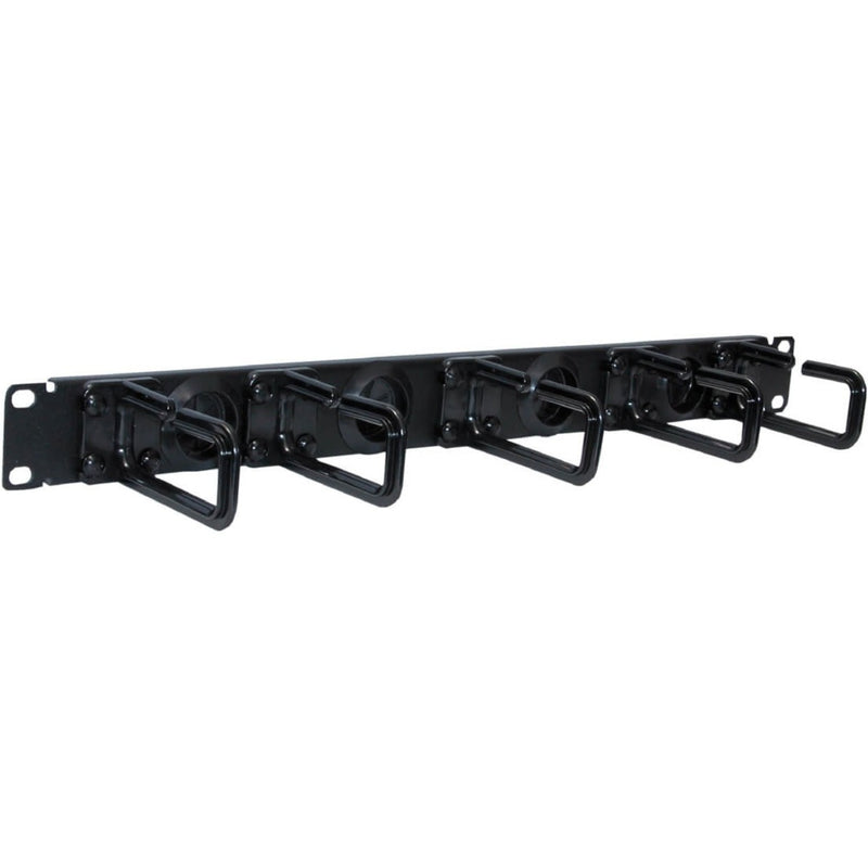 Tripp Lite 1U horizontal cable manager with black flexible D-rings mounted on a 19-inch rack panel