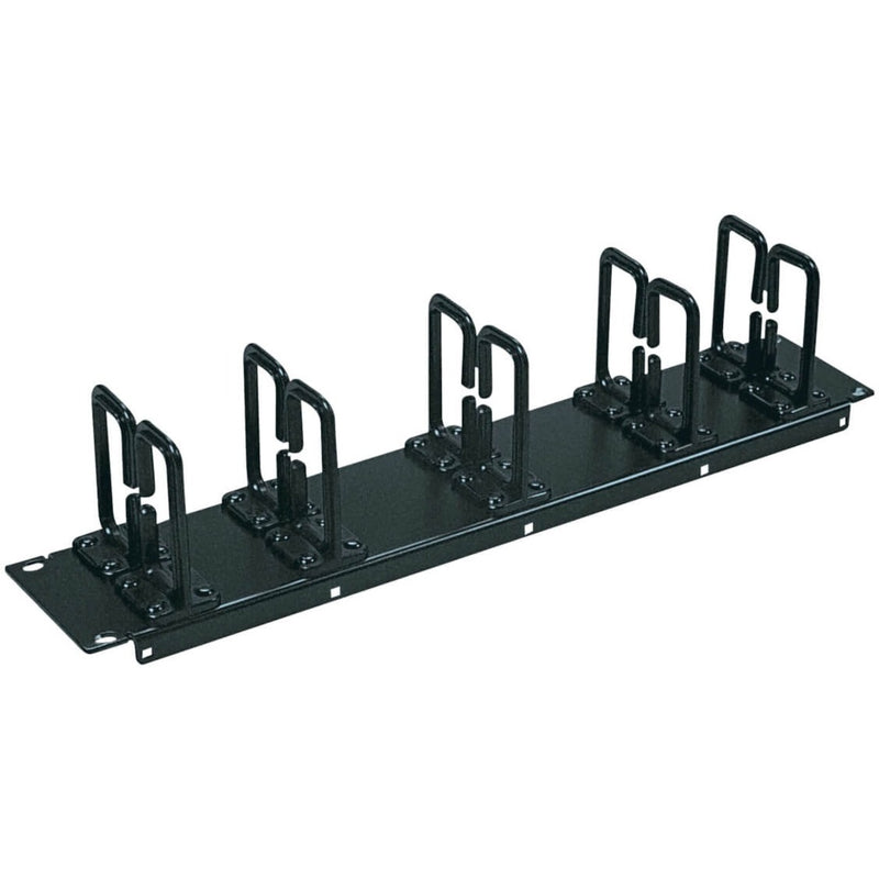 Tripp Lite SRCABLERING2U 2U horizontal cable manager with multiple black D-ring style cable guides mounted on a steel panel