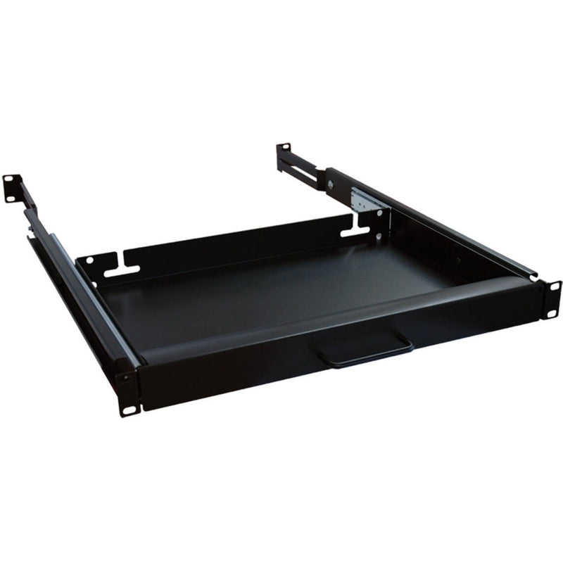 Black sliding keyboard shelf with rack mounting brackets and extended rail system for 4-post rack installation