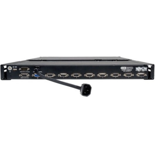 Rear view of Tripp Lite KVM switch showing eight VGA ports and power connection