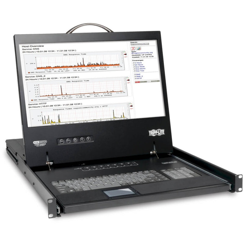 Tripp Lite KVM console showing network performance graphs on 19-inch LCD display with integrated keyboard