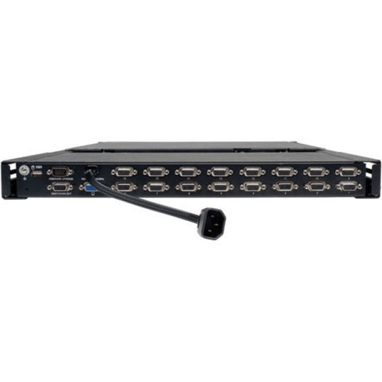 Rear view of Tripp Lite KVM switch showing 16 VGA ports and power connection