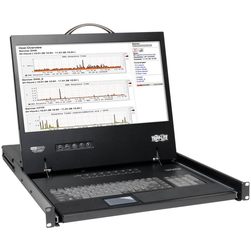 Tripp Lite KVM console showing system monitoring graphs and metrics on 19-inch LCD display with integrated keyboard