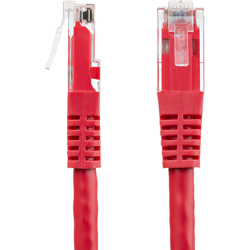 Side view of red Cat6 cable showing strain relief boot design and cable flexibility