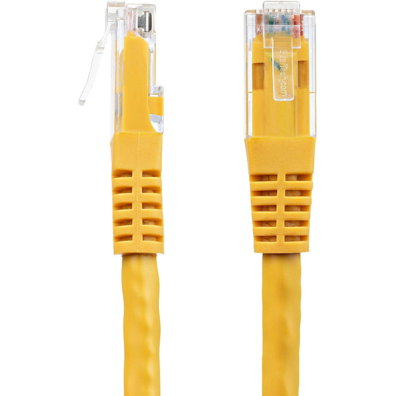 Detailed side view of yellow Cat6 cable connector showing strain relief boot design and internal cable protection features