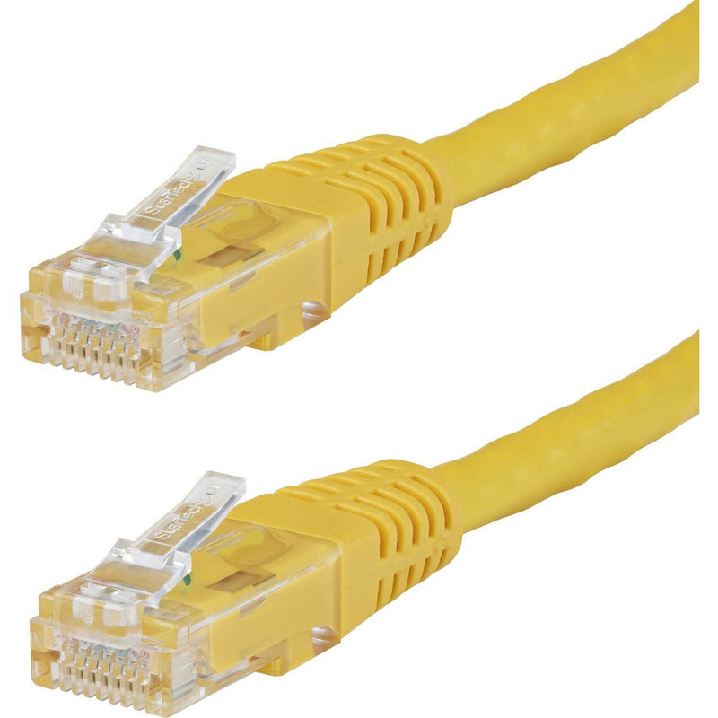 Close-up view of yellow Cat6 cable's gold-plated RJ-45 connectors showing detailed pin configuration and strain relief design